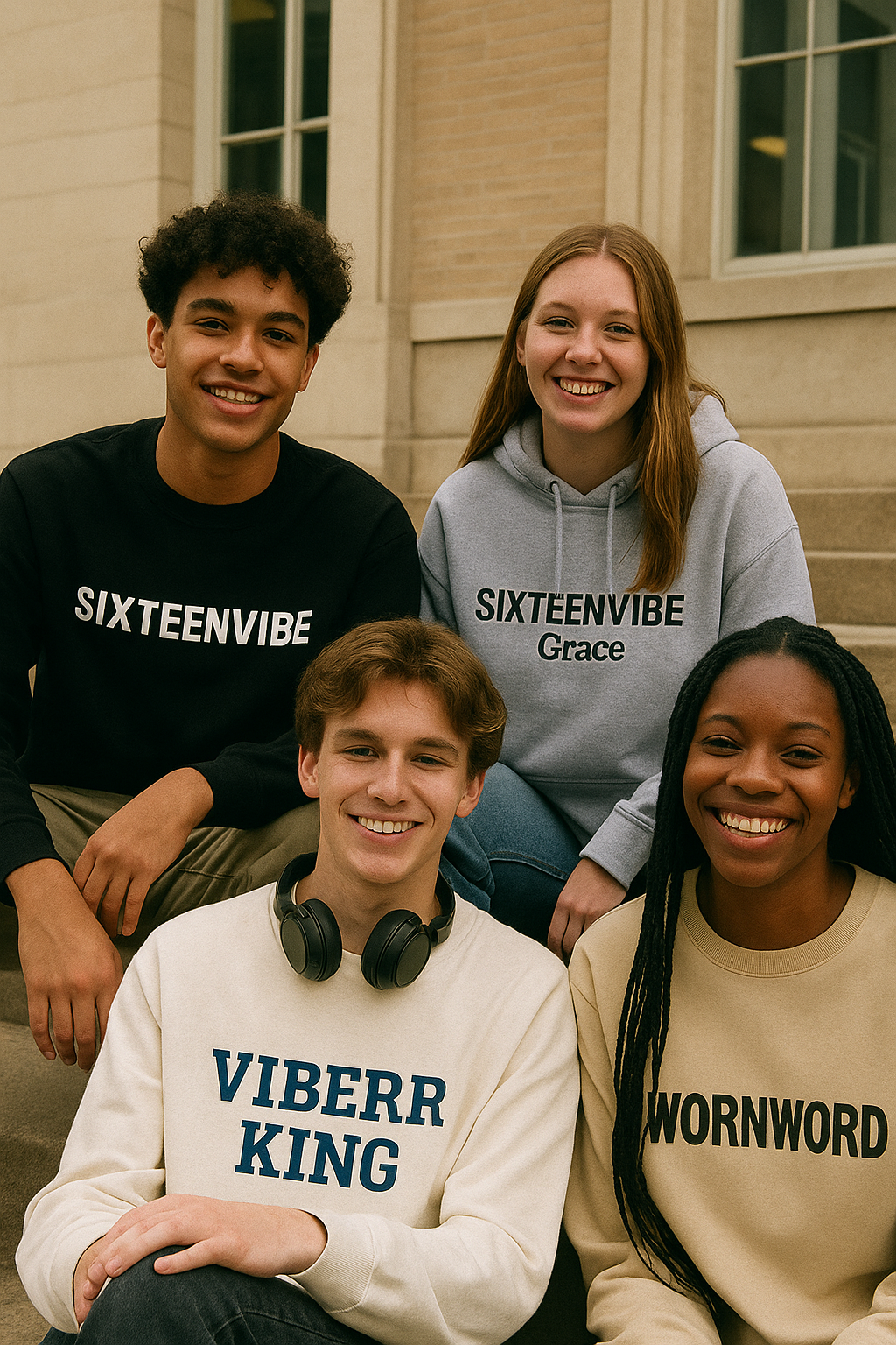 A group of four diverse college students sitting on campus steps, smiling and wearing streetwear hoodies from SIXTEENVIBE, SIXTEENVIBE Grace, VIBERR KING, and WORNWORD — affordable fashion brands for the new generation.