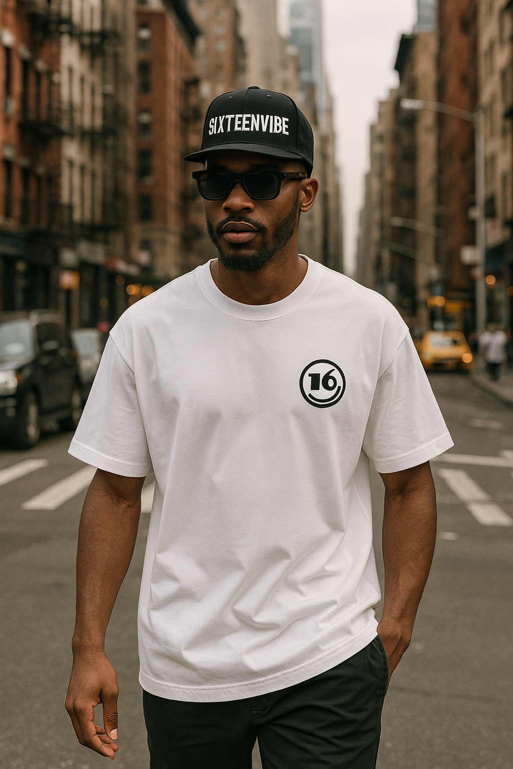 Confident man wearing SIXTEENVIBE Cap and T-Shirt standing tall with a calm, powerful presence
