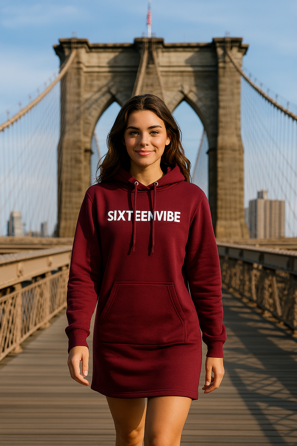 Young woman in dark red SIXTEENVIBE hoodie dress walking on Brooklyn Bridge under sunlight.