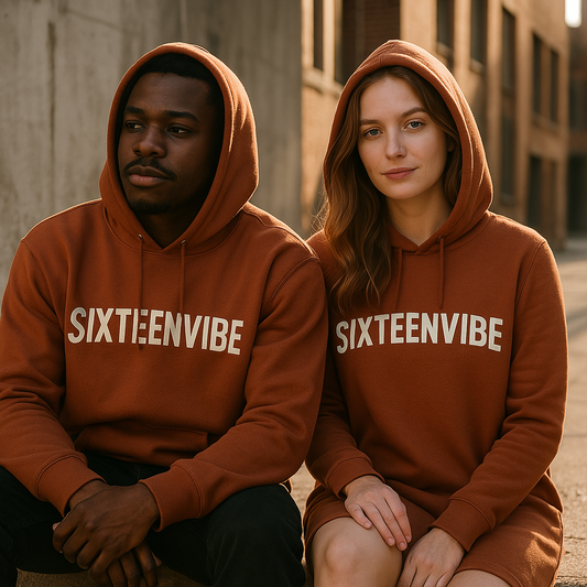 A man and a woman wearing SixteenVibe hoodies chilling under sunlight in an urban street setting.