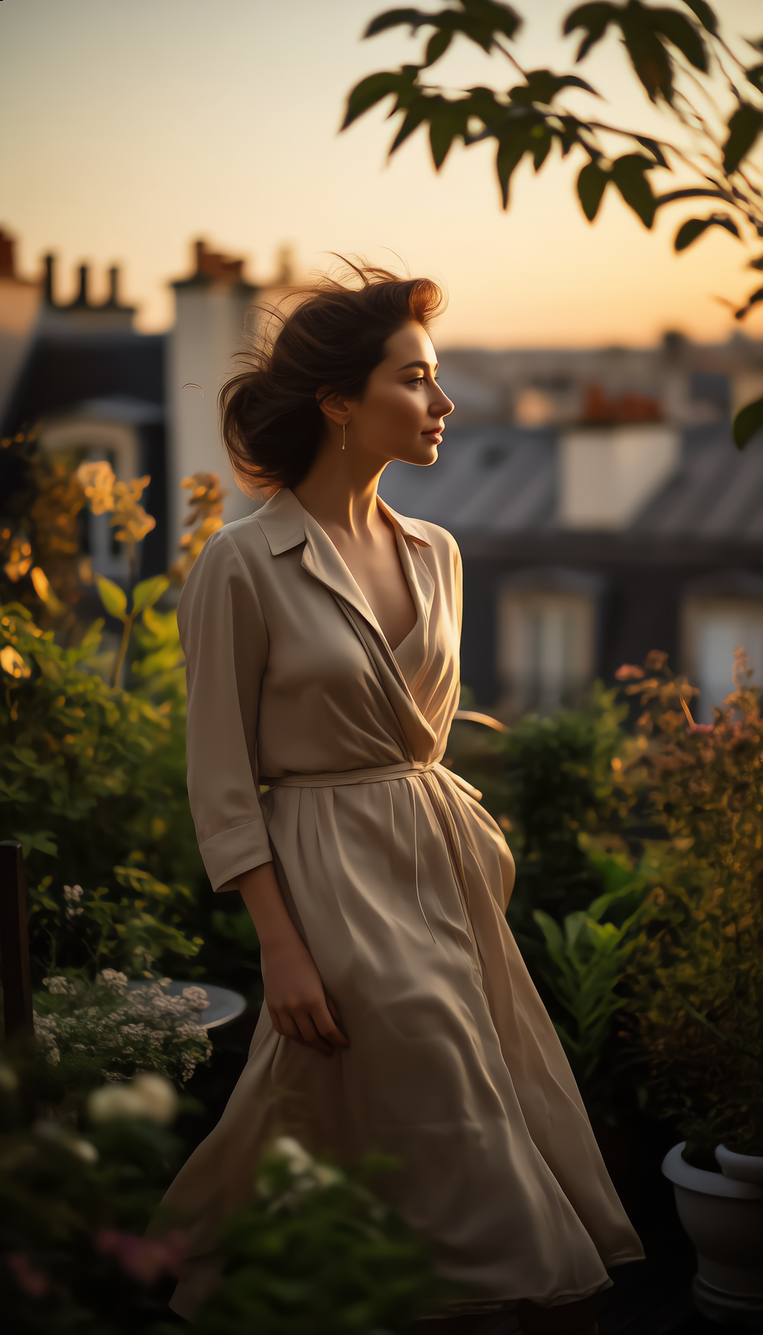 Woman in beige wrap dress on a rooftop garden during sunset – SIXTEENVIBE Grace Line