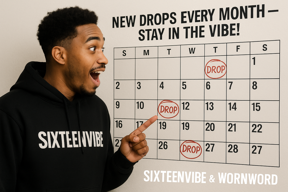 Excited young man wearing a black SIXTEENVIBE hoodie pointing at a calendar marked with "DROP" dates, with the text "NEW DROPS EVERY MONTH – STAY IN THE VIBE!" displayed above
