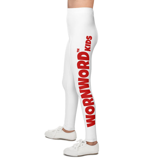 WORNWORD Kids™ ColorVibeZ™ Youth Leggings - White with Red Script