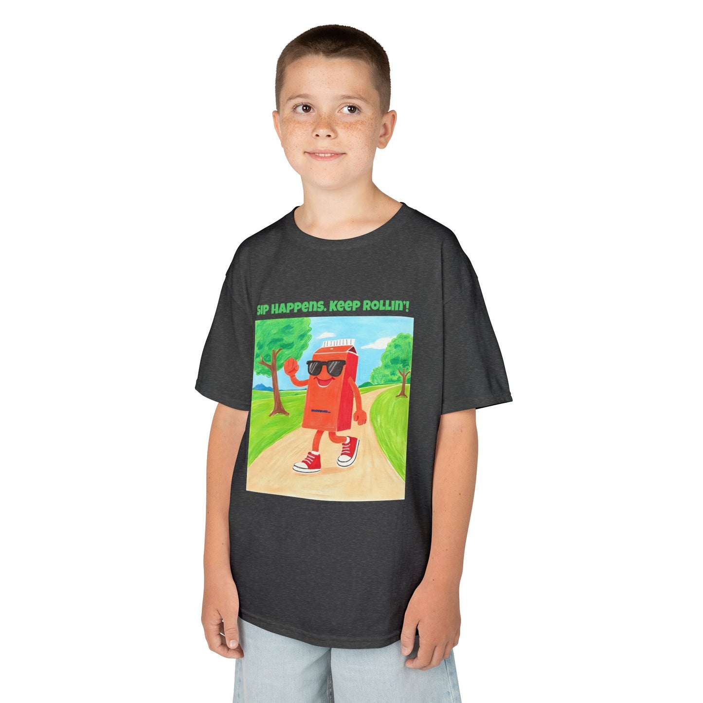 WORNWORD Kids Mid-Weight Tee - Walking Juice Box “Sip Happens. Keep Rollin’!