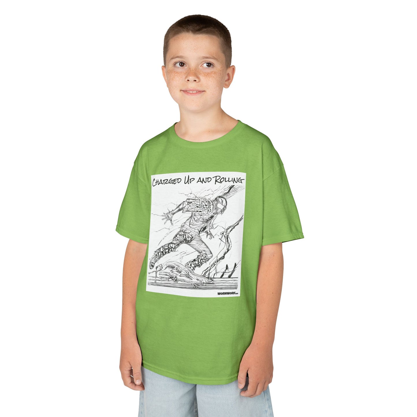 WORNWORD Kids™ Youth Mid-Weight Tee - Lightning Bolt "Charged Up and Rolling!"