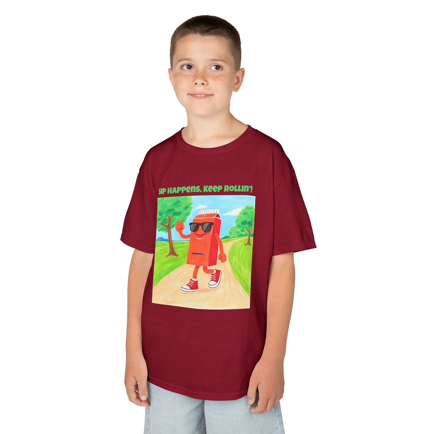 WORNWORD Kids Mid-Weight Tee - Walking Juice Box “Sip Happens. Keep Rollin’!