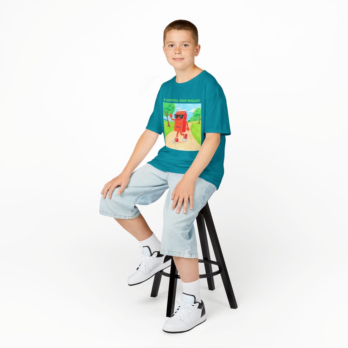 WORNWORD Kids Mid-Weight Tee - Walking Juice Box “Sip Happens. Keep Rollin’!