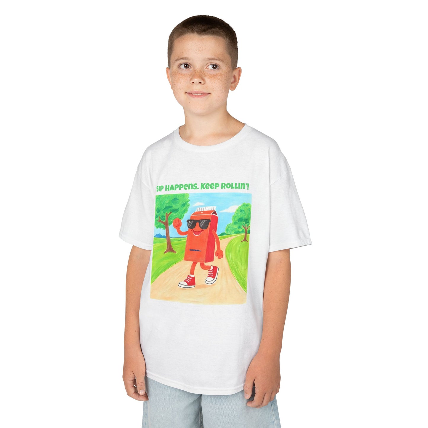 WORNWORD Kids Mid-Weight Tee - Walking Juice Box “Sip Happens. Keep Rollin’!