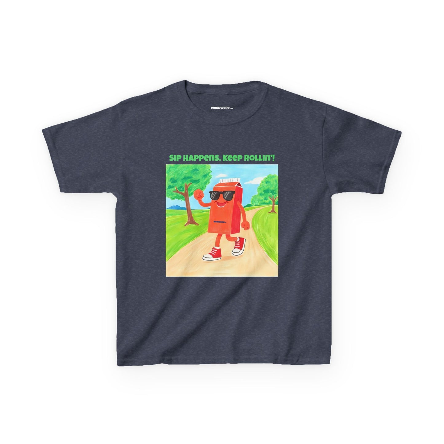 WORNWORD Kids Mid-Weight Tee - Walking Juice Box “Sip Happens. Keep Rollin’!