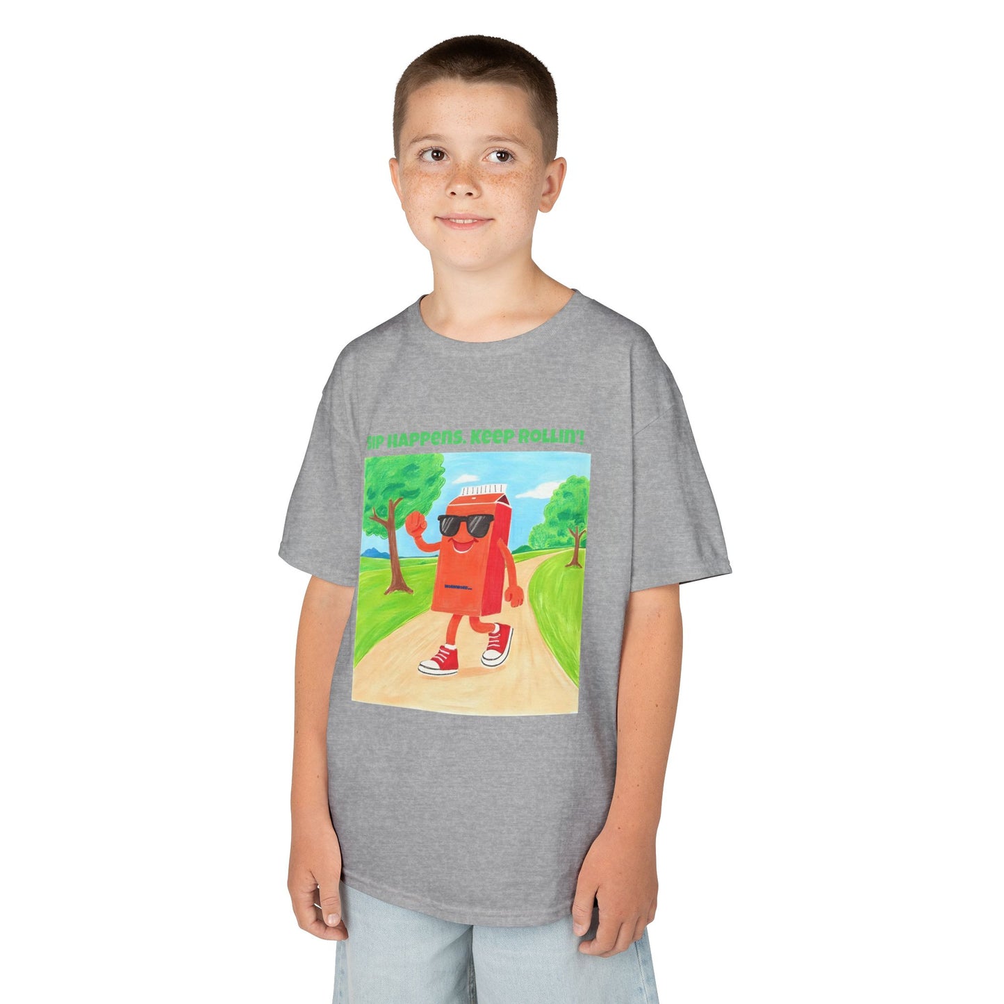 WORNWORD Kids Mid-Weight Tee - Walking Juice Box “Sip Happens. Keep Rollin’!