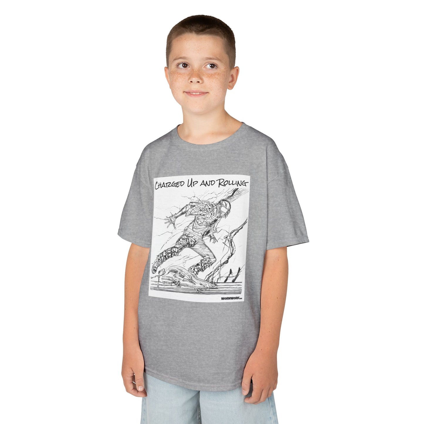 WORNWORD Kids™ Youth Mid-Weight Tee - Lightning Bolt "Charged Up and Rolling!"