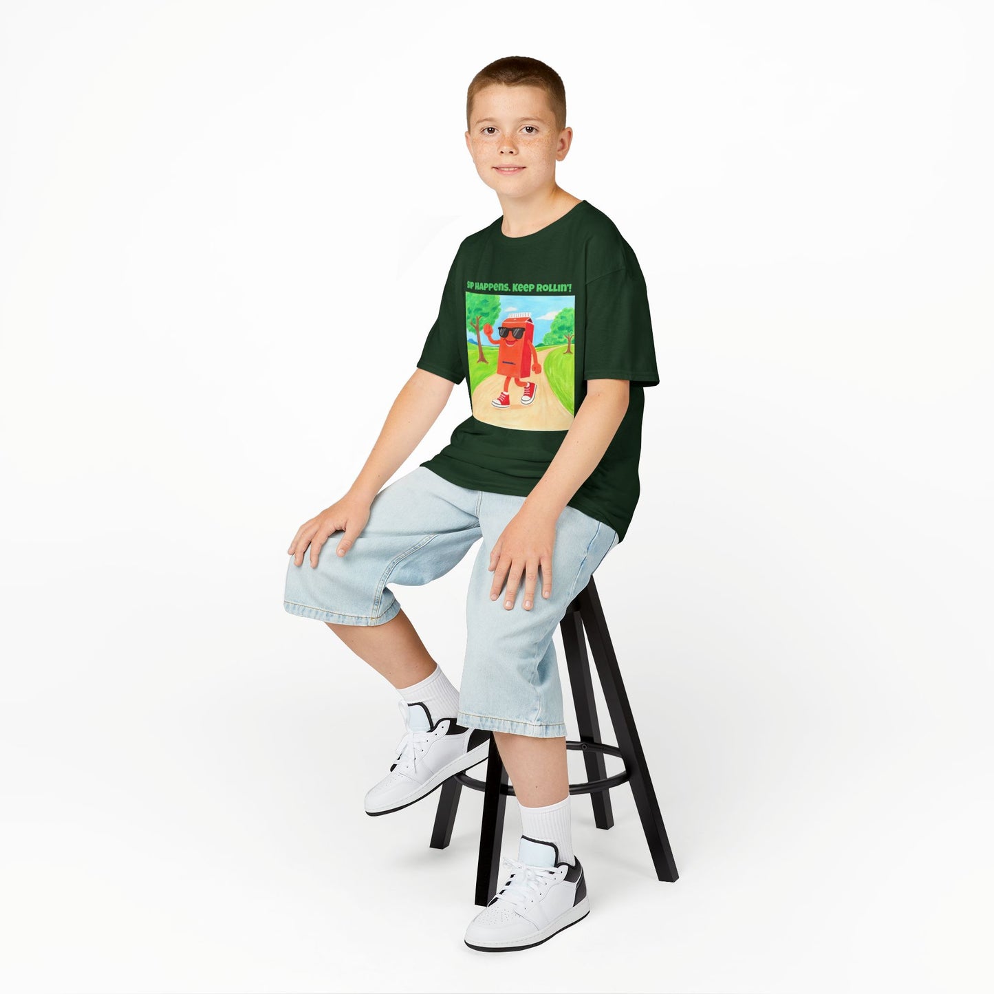 WORNWORD Kids Mid-Weight Tee - Walking Juice Box “Sip Happens. Keep Rollin’!