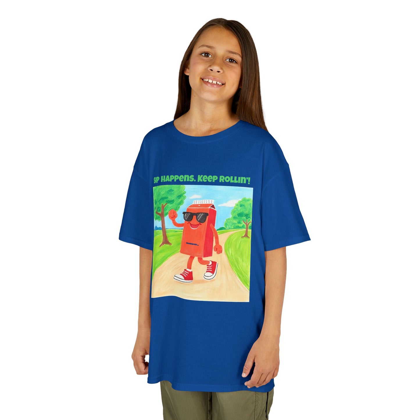 WORNWORD Kids Mid-Weight Tee - Walking Juice Box “Sip Happens. Keep Rollin’!