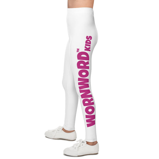 WORNWORD Kids™ ColorVibeZ™ Youth Leggings - White with Purple Script