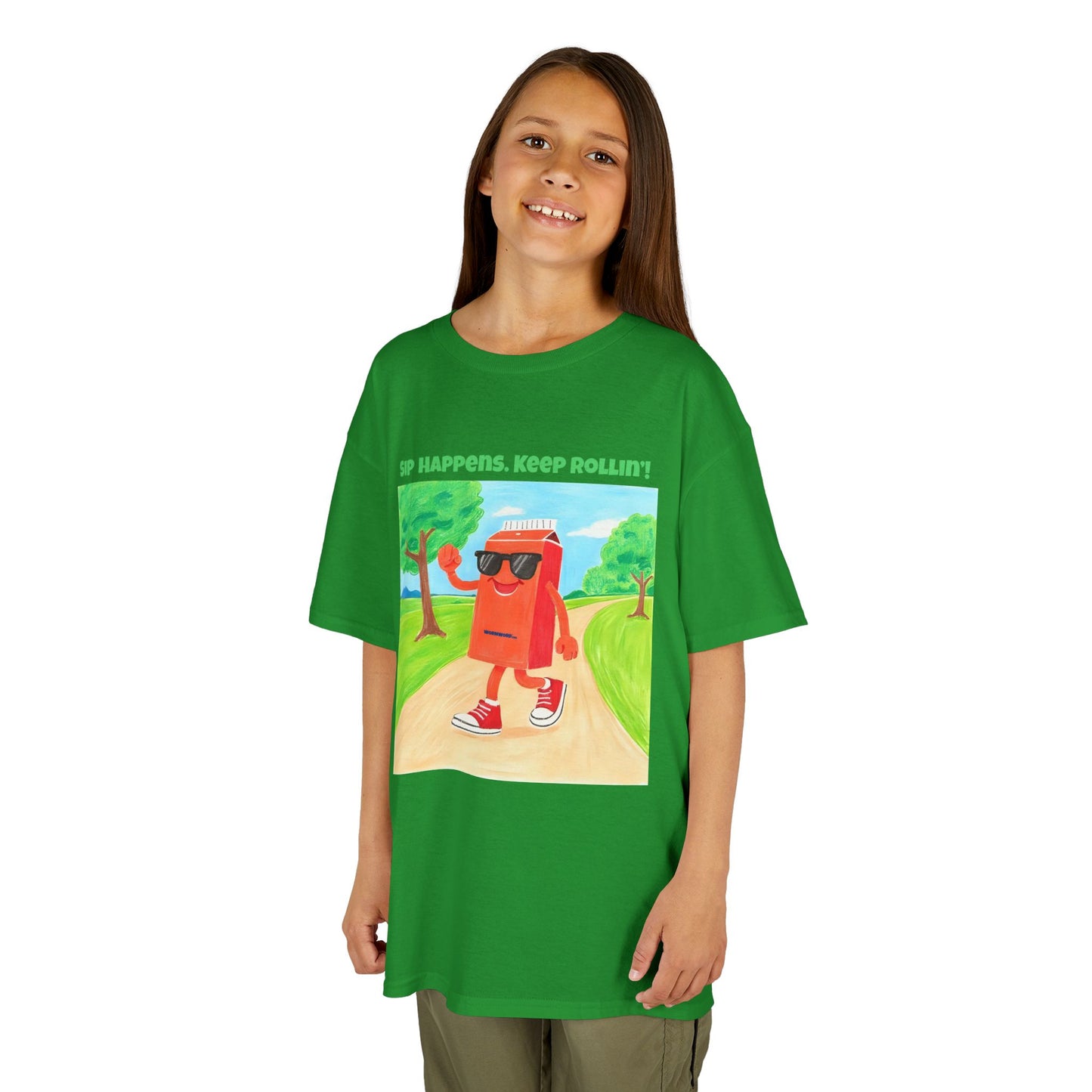 WORNWORD Kids Mid-Weight Tee - Walking Juice Box “Sip Happens. Keep Rollin’!