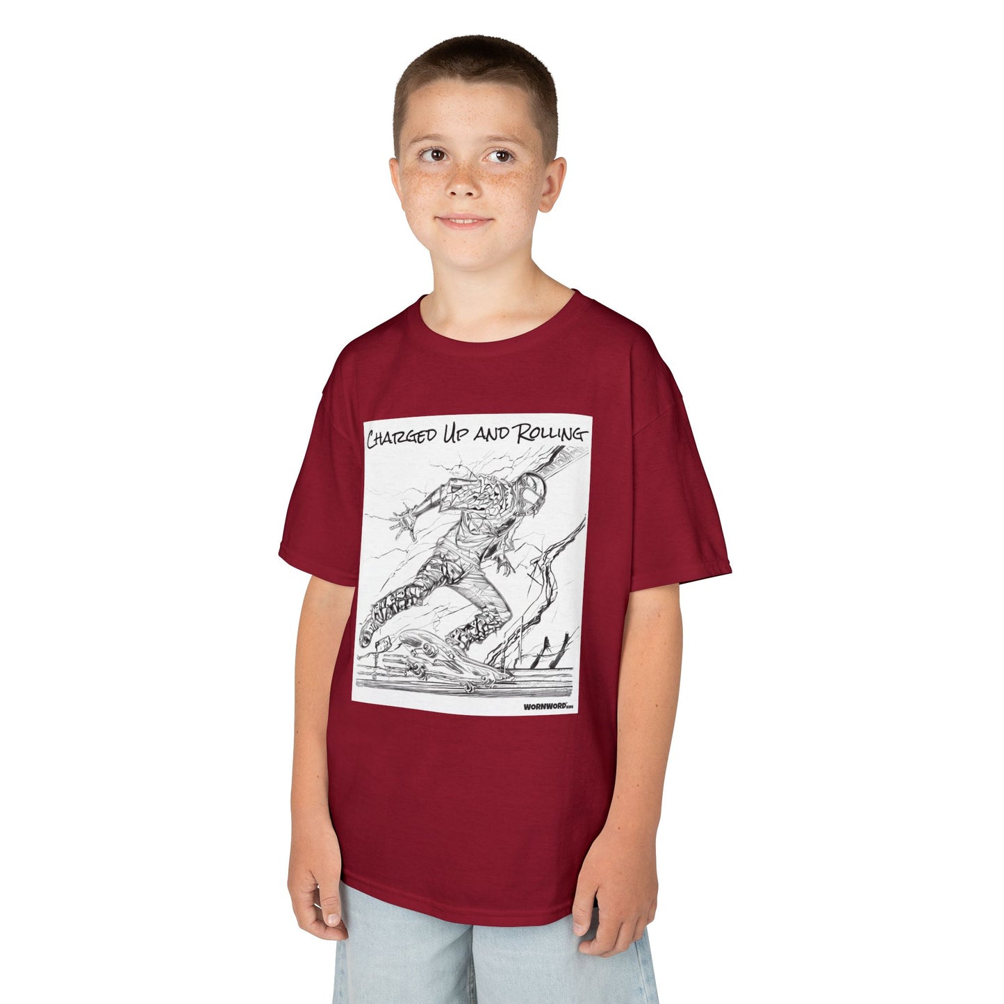 WORNWORD Kids™ Youth Mid-Weight Tee - Lightning Bolt "Charged Up and Rolling!"