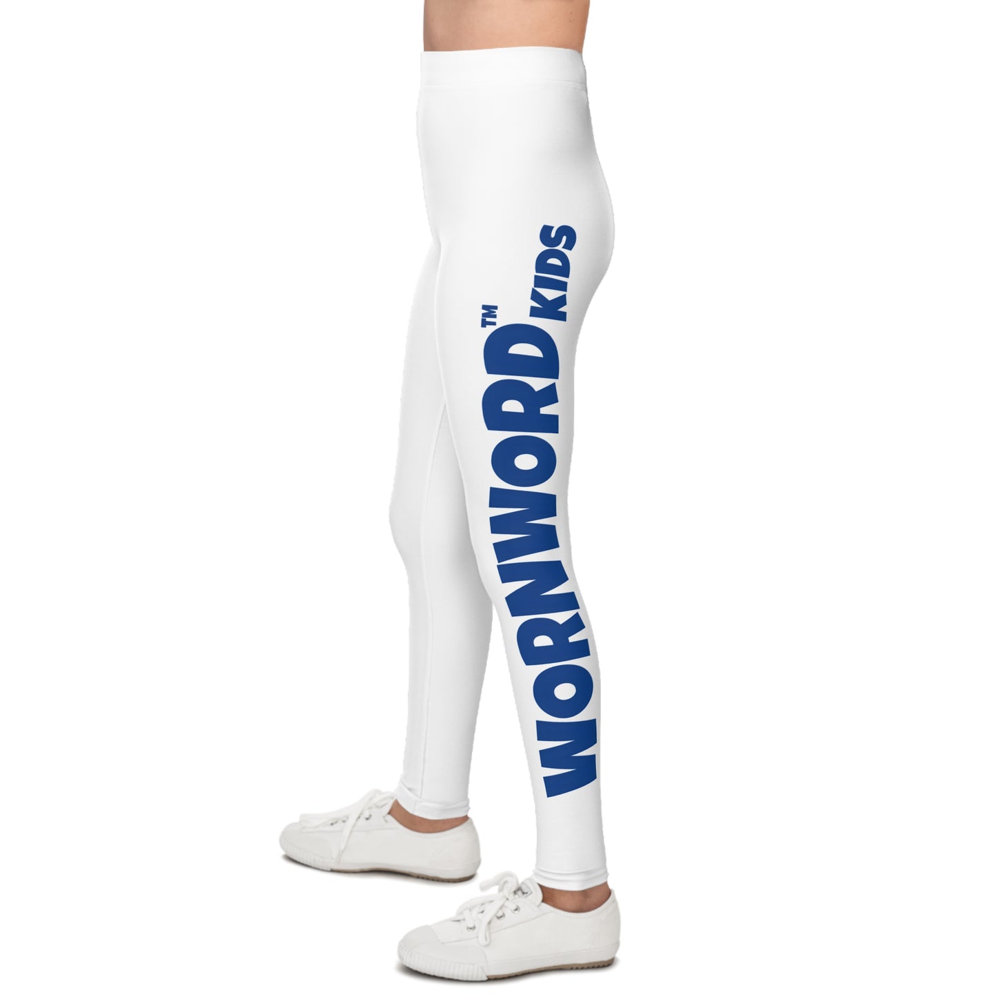 WORNWORD Kids™ ColorVibeZ™ Youth Leggings - White with Blue Script