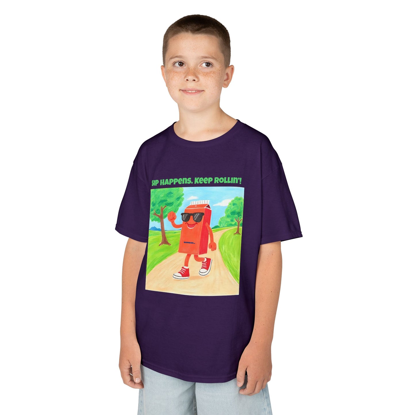 WORNWORD Kids Mid-Weight Tee - Walking Juice Box “Sip Happens. Keep Rollin’!