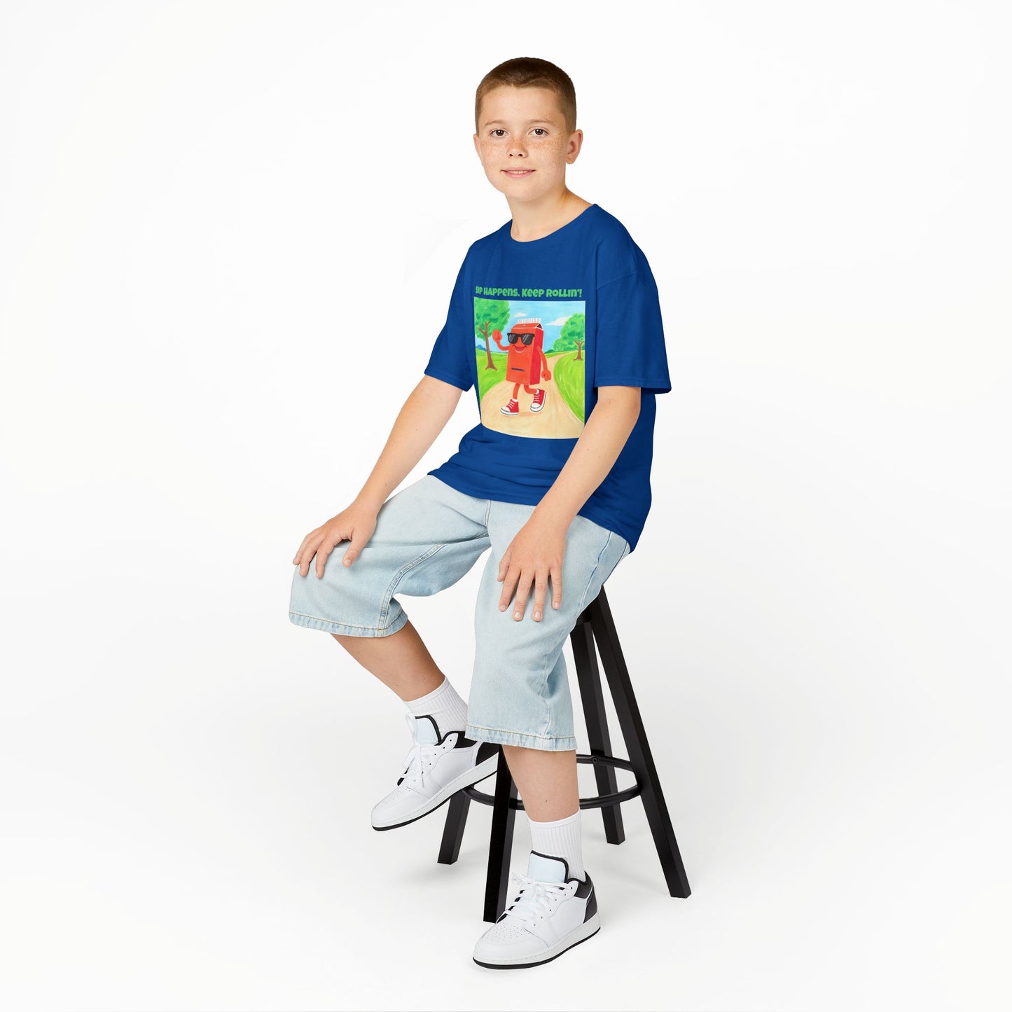 WORNWORD Kids Mid-Weight Tee - Walking Juice Box “Sip Happens. Keep Rollin’!