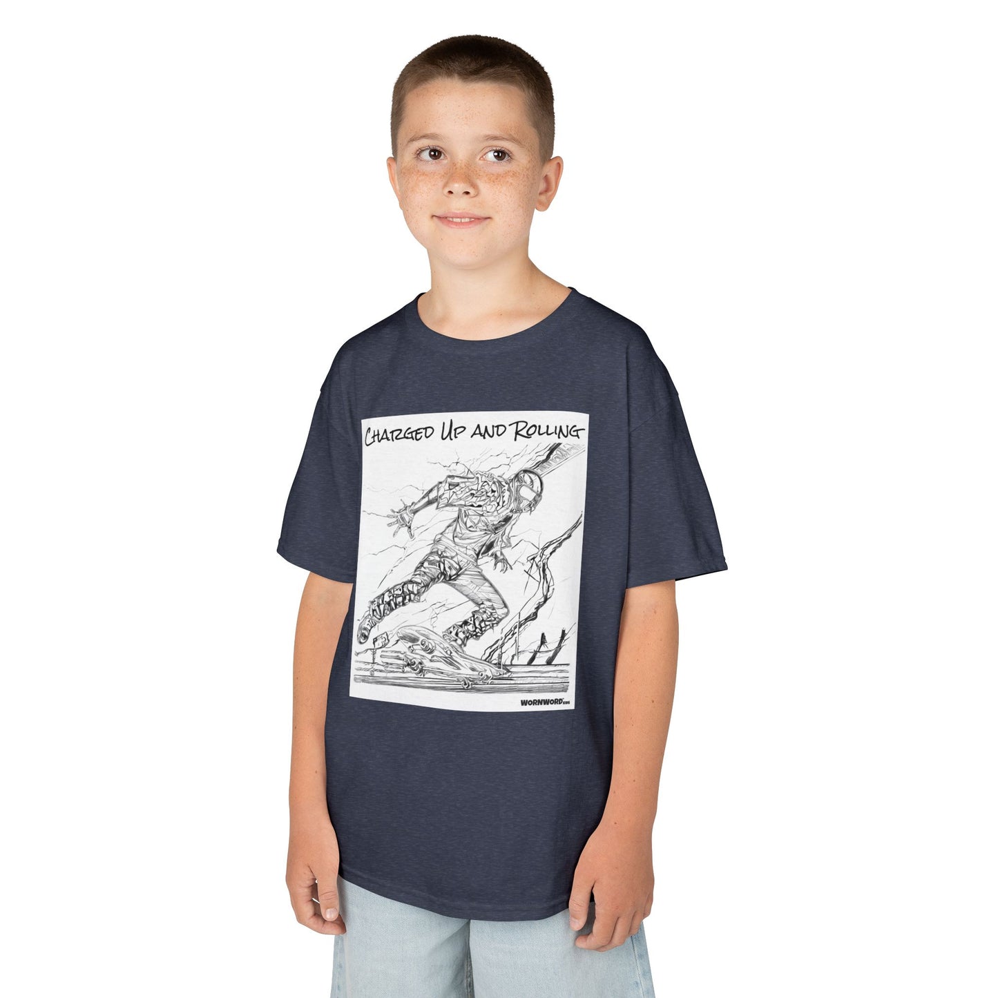 WORNWORD Kids™ Youth Mid-Weight Tee - Lightning Bolt "Charged Up and Rolling!"