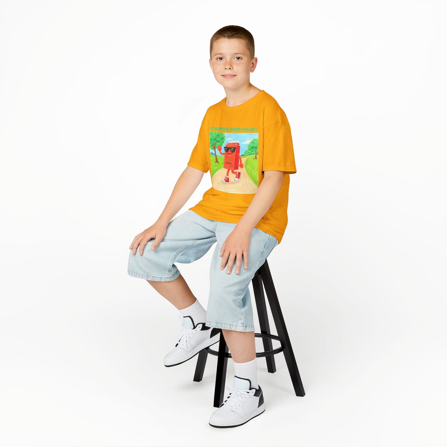 WORNWORD Kids Mid-Weight Tee - Walking Juice Box “Sip Happens. Keep Rollin’!