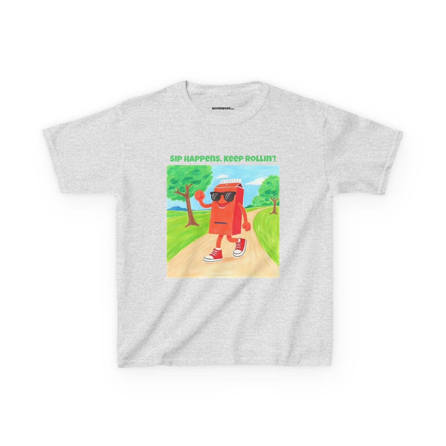WORNWORD Kids Mid-Weight Tee - Walking Juice Box “Sip Happens. Keep Rollin’!