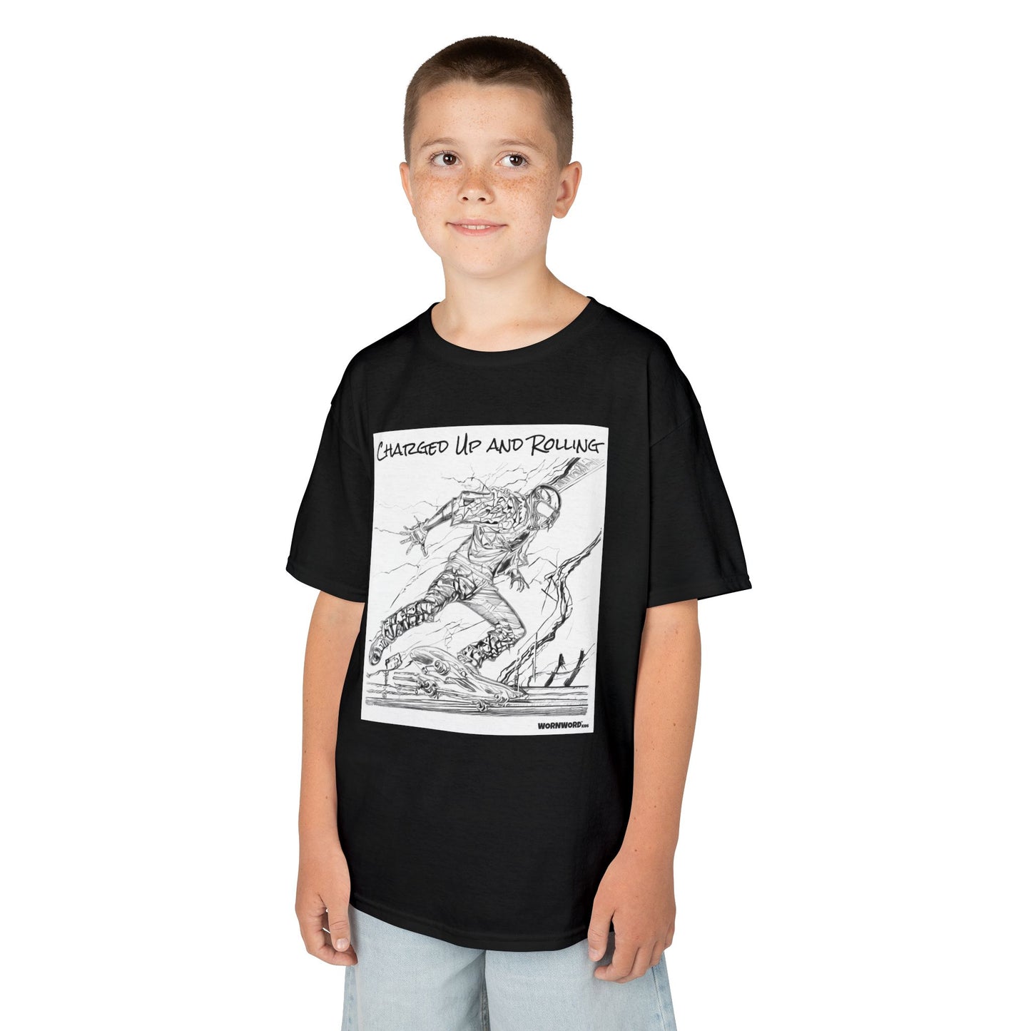 WORNWORD Kids™ Youth Mid-Weight Tee - Lightning Bolt "Charged Up and Rolling!"