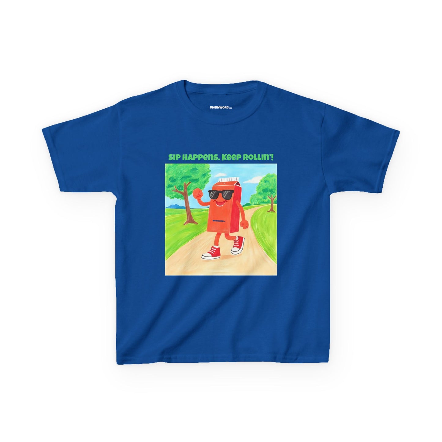 WORNWORD Kids Mid-Weight Tee - Walking Juice Box “Sip Happens. Keep Rollin’!