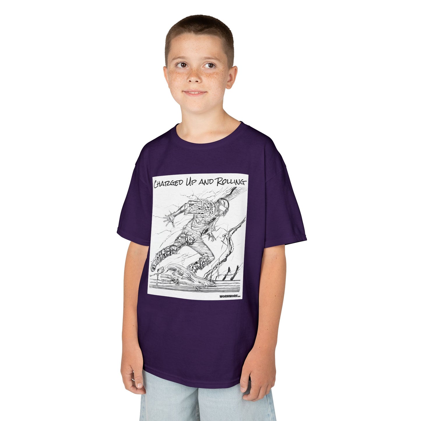 WORNWORD Kids™ Youth Mid-Weight Tee - Lightning Bolt "Charged Up and Rolling!"