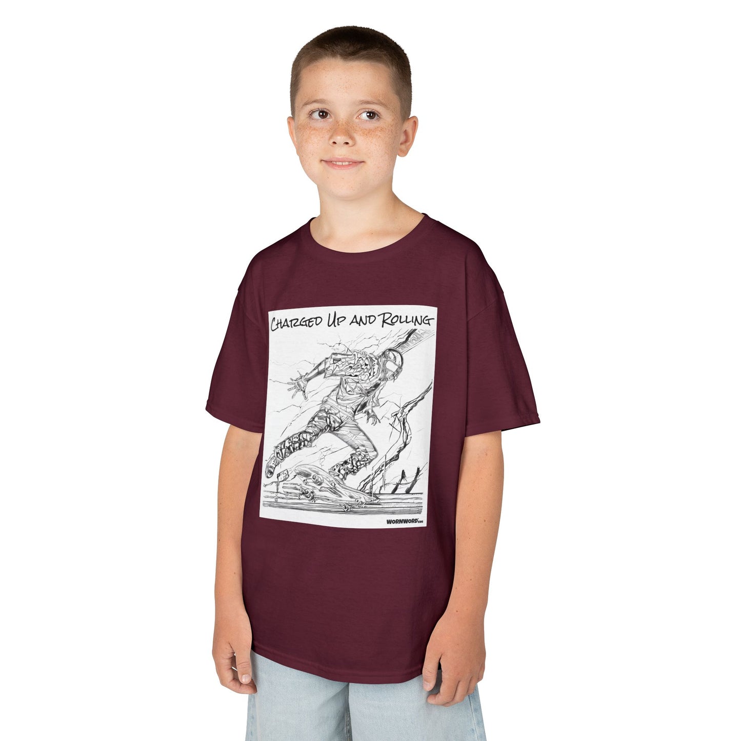 WORNWORD Kids™ Youth Mid-Weight Tee - Lightning Bolt "Charged Up and Rolling!"