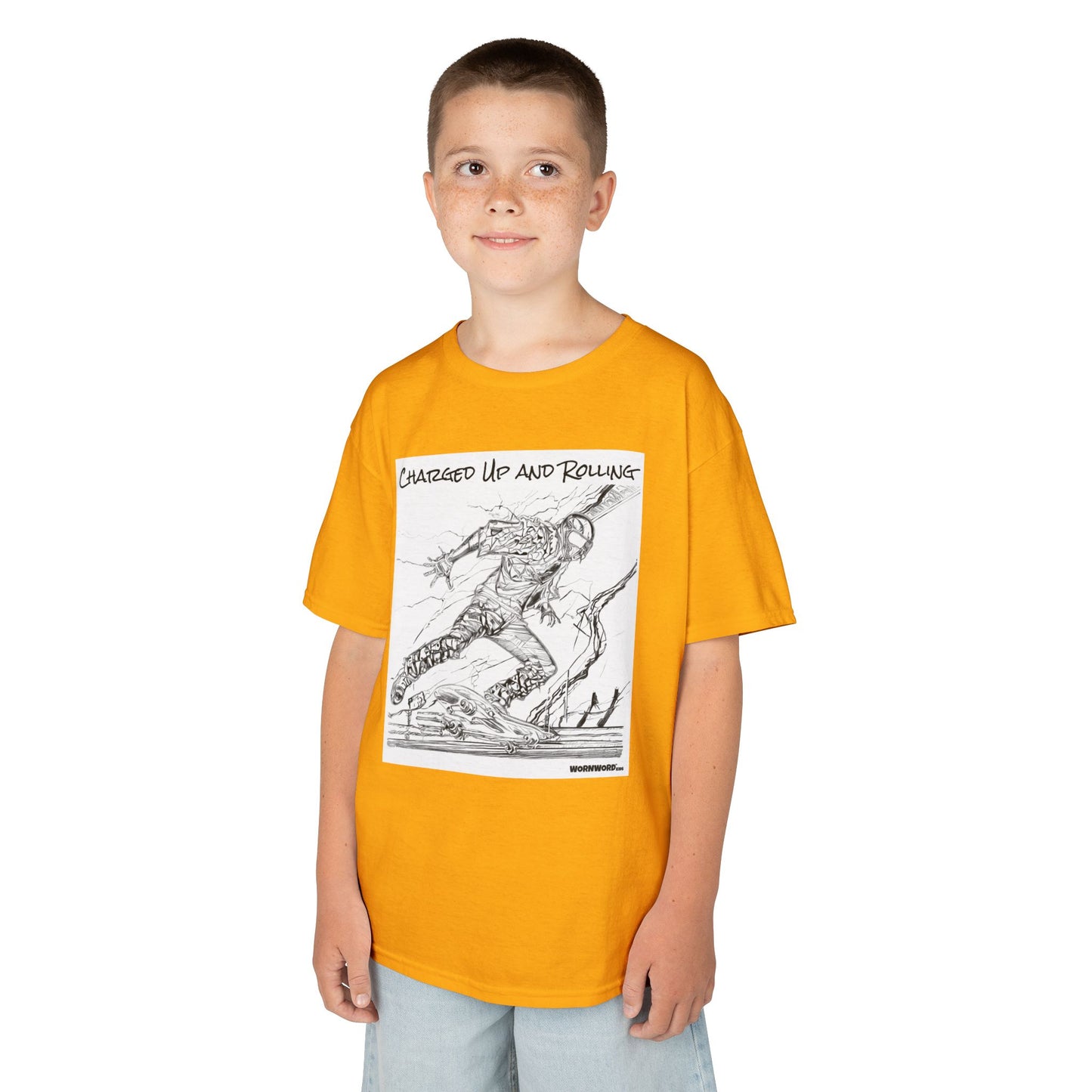 WORNWORD Kids™ Youth Mid-Weight Tee - Lightning Bolt "Charged Up and Rolling!"