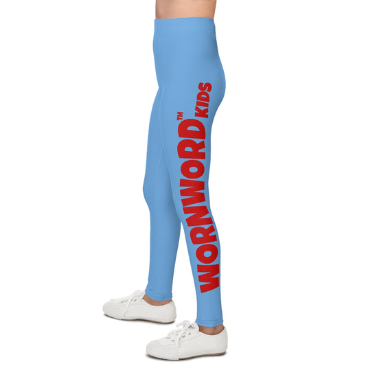 WORNWORD Kids™ ColorVibeZ™ Youth Leggings - Blue with Red Script