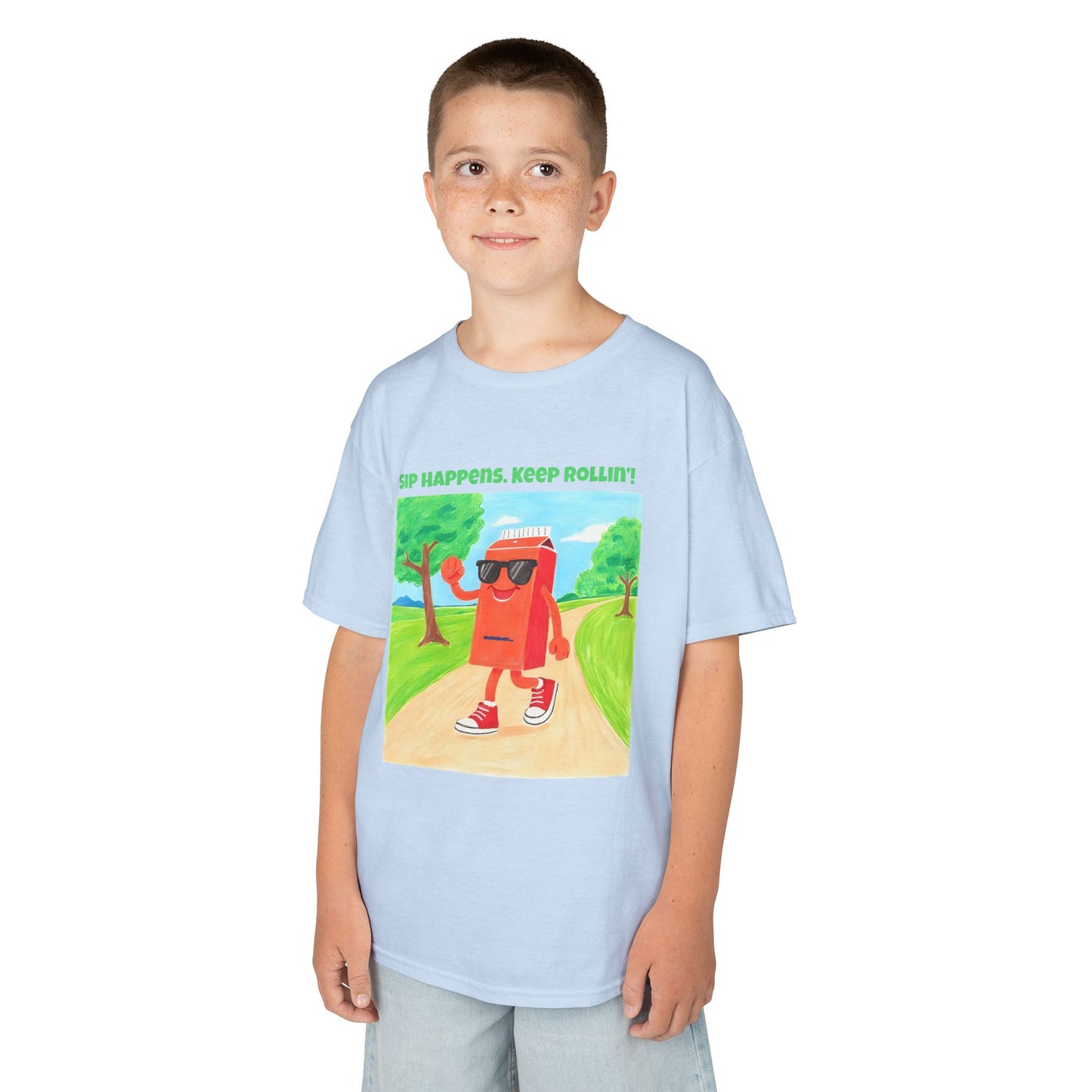 WORNWORD Kids Mid-Weight Tee - Walking Juice Box “Sip Happens. Keep Rollin’!