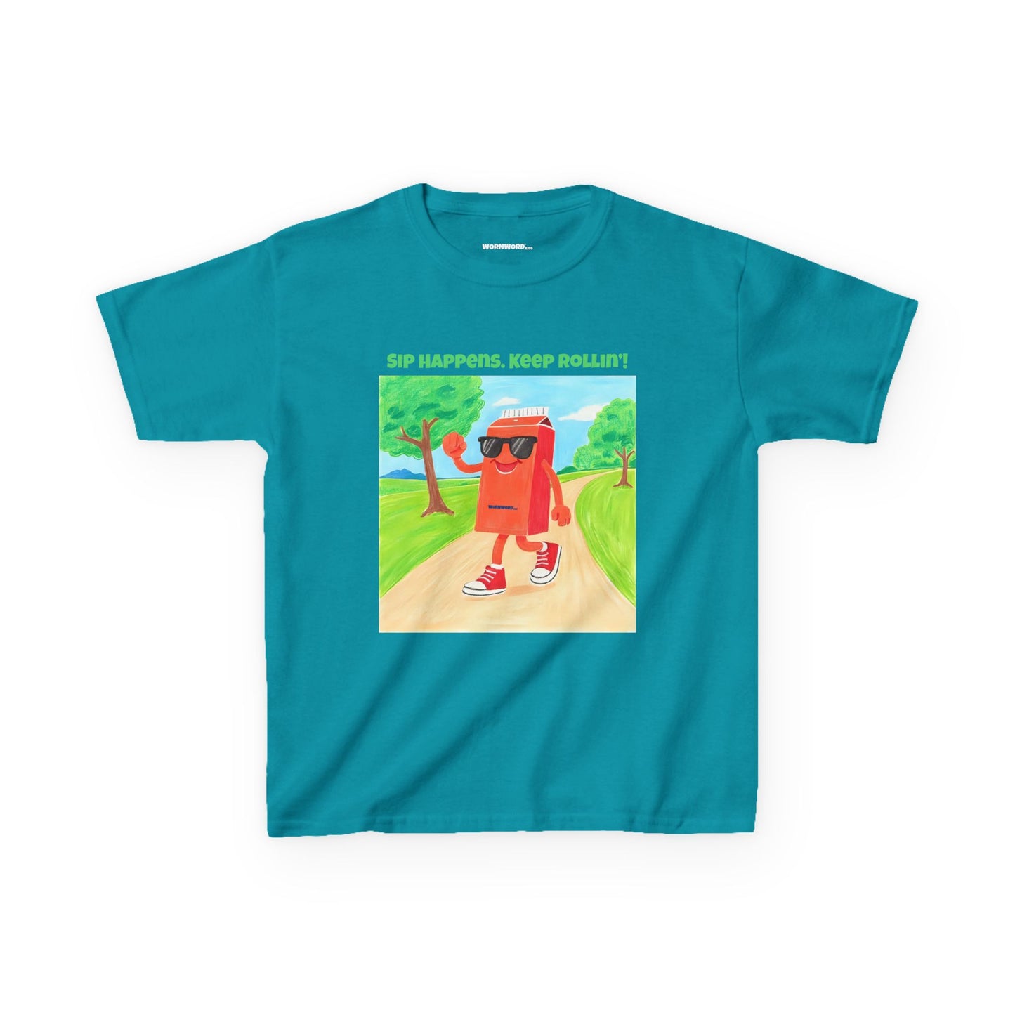 WORNWORD Kids Mid-Weight Tee - Walking Juice Box “Sip Happens. Keep Rollin’!