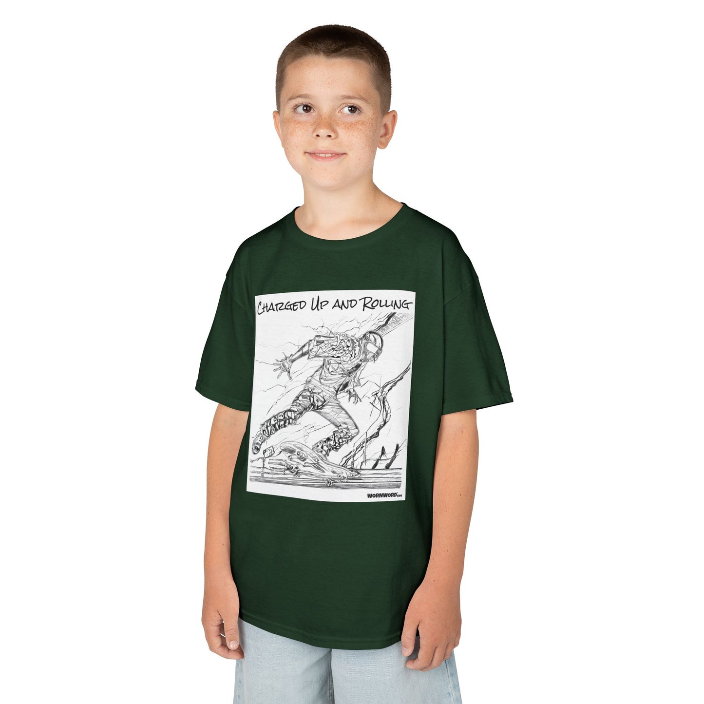 WORNWORD Kids™ Youth Mid-Weight Tee - Lightning Bolt "Charged Up and Rolling!"