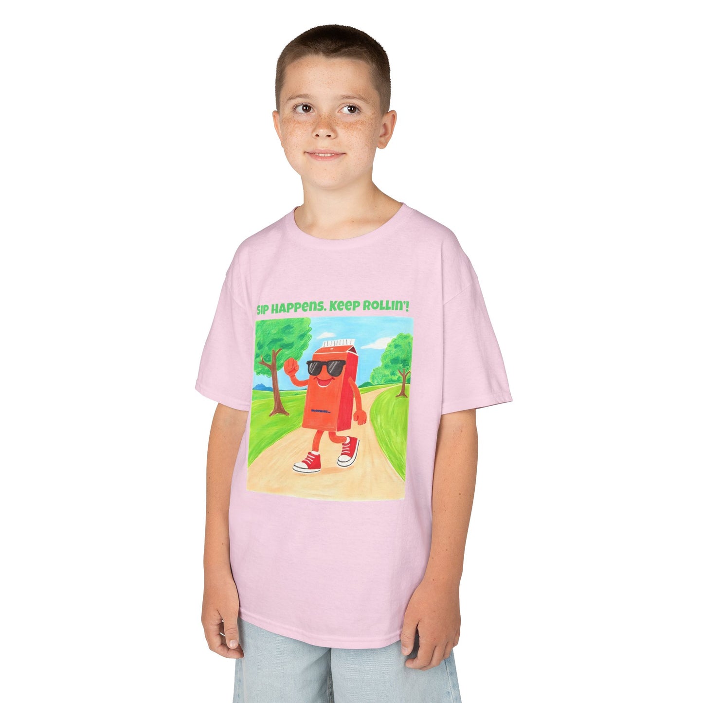 WORNWORD Kids Mid-Weight Tee - Walking Juice Box “Sip Happens. Keep Rollin’!