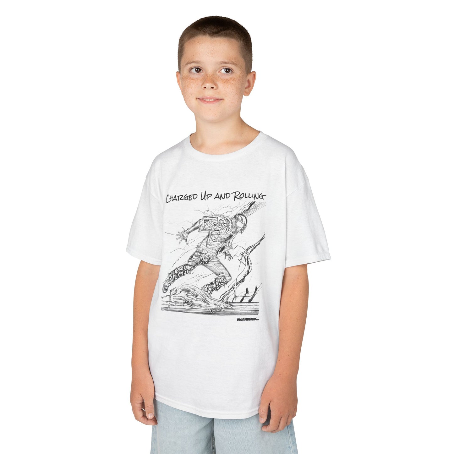 WORNWORD Kids™ Youth Mid-Weight Tee - Lightning Bolt "Charged Up and Rolling!"