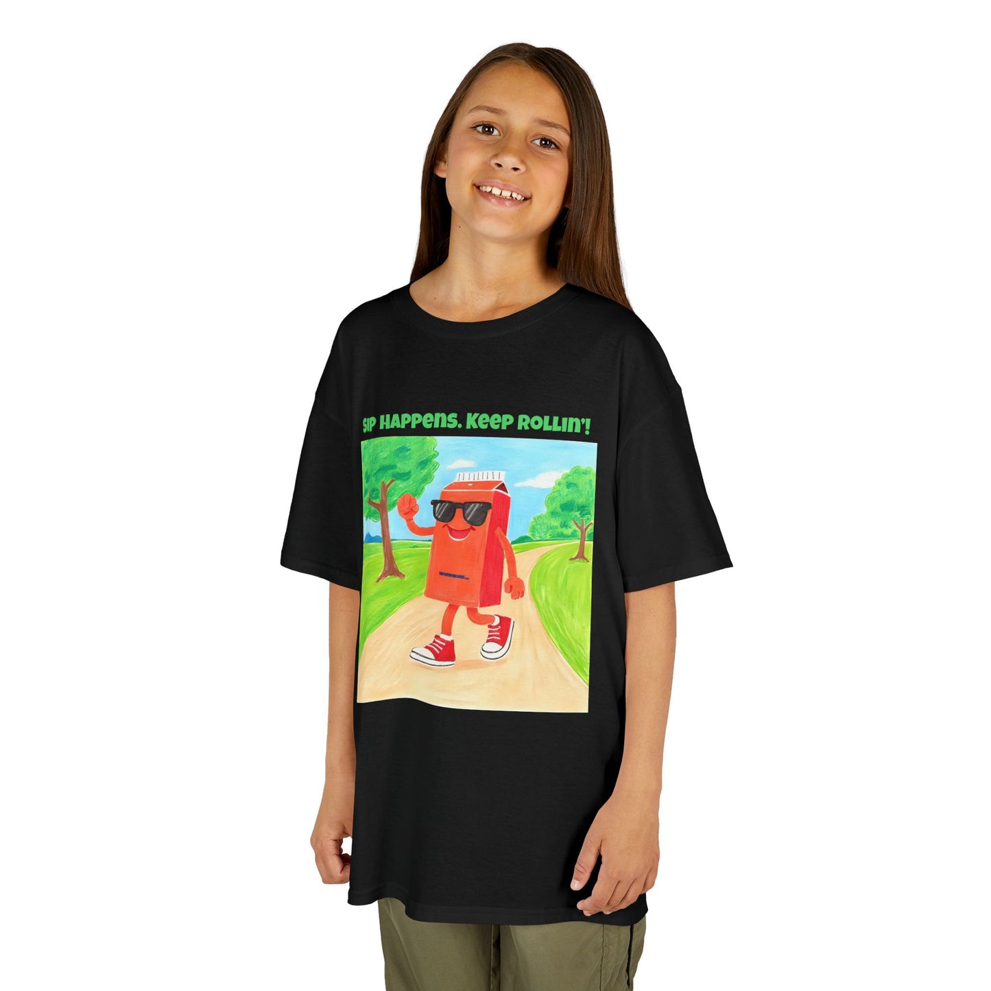 WORNWORD Kids Mid-Weight Tee - Walking Juice Box “Sip Happens. Keep Rollin’!