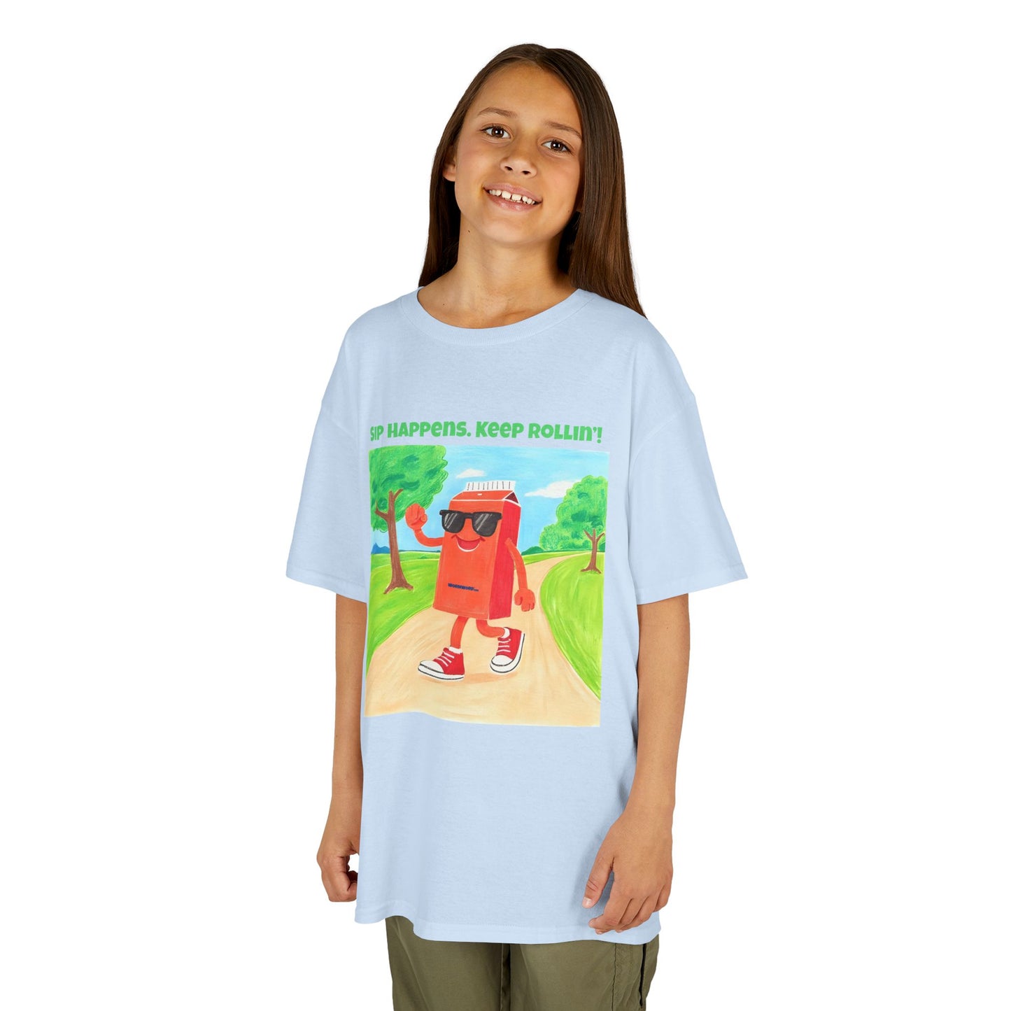 WORNWORD Kids Mid-Weight Tee - Walking Juice Box “Sip Happens. Keep Rollin’!