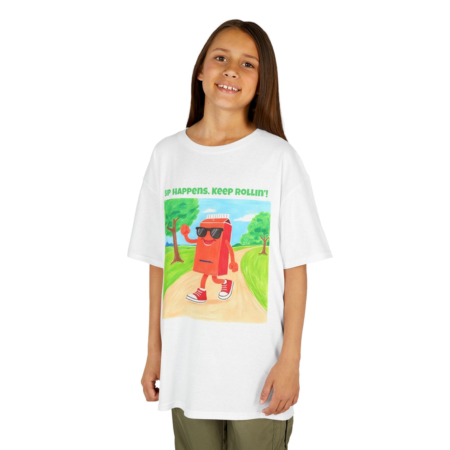 WORNWORD Kids Mid-Weight Tee - Walking Juice Box “Sip Happens. Keep Rollin’!