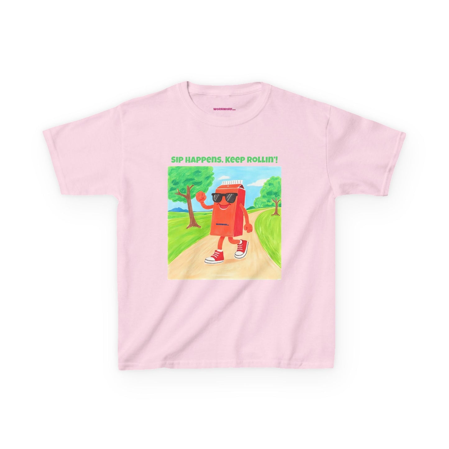 WORNWORD Kids Mid-Weight Tee - Walking Juice Box “Sip Happens. Keep Rollin’!