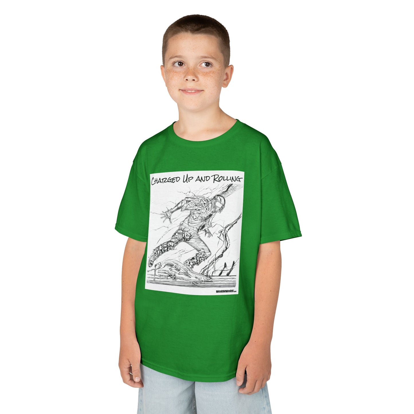 WORNWORD Kids™ Youth Mid-Weight Tee - Lightning Bolt "Charged Up and Rolling!"